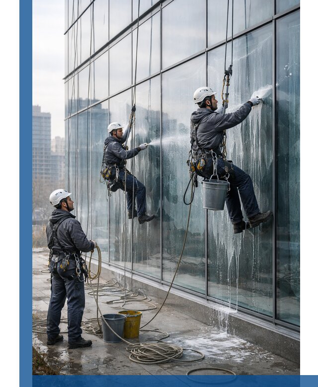 Промышленная мойка панорамных окон на высоте в Апатитах