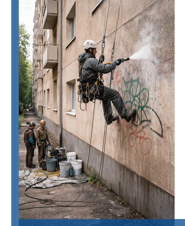 Удаление граффити с фасада в Апатитах без следов и повреждений