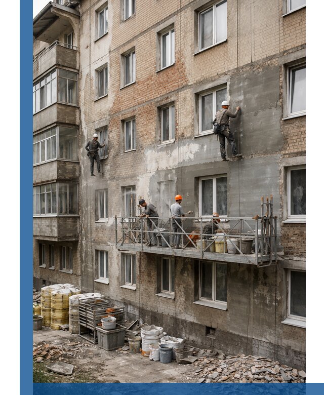 Капитальный ремонт фасада в Апатитах с восстановлением и гидроизоляцией