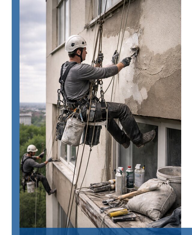 Косметический ремонт фасада зданий в Апатитах промышленными альпинистами