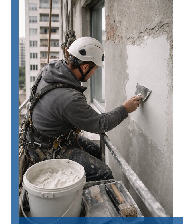 Шпаклевка фасадов на высоте с промальпинистами в Апатитах