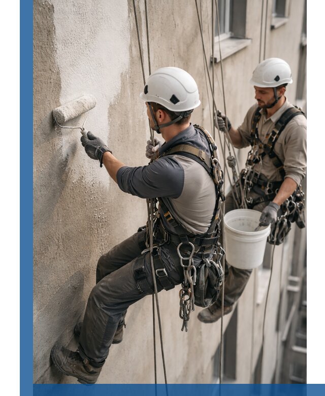 Грунтовка фасада на высоте в Апатитах промышленными альпинистами