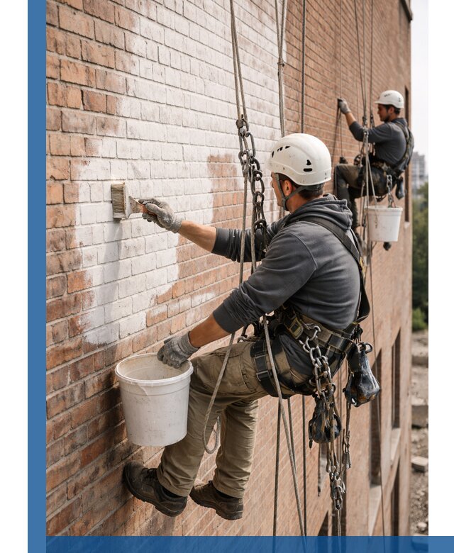 Покраска кирпичного фасада с доступным альпинистским сервисом в Апатитах