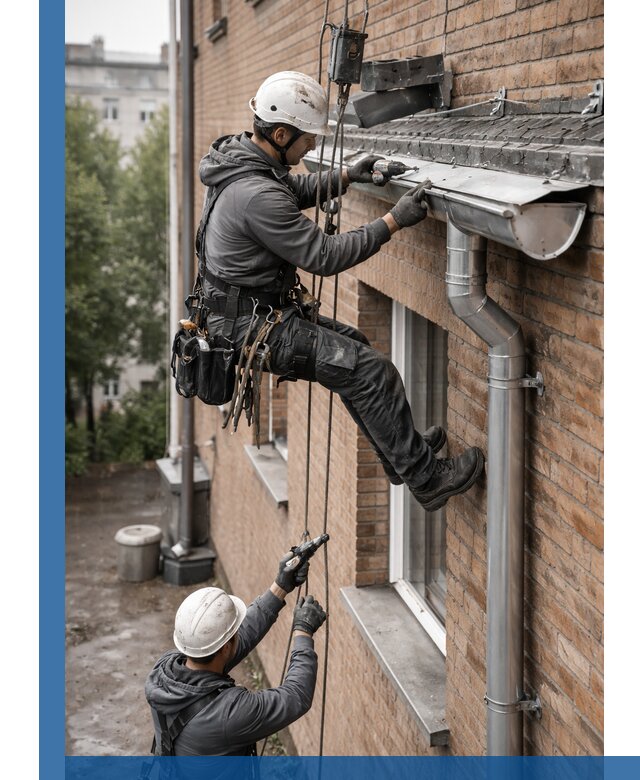 Монтаж водосточной системы на здании в Апатитах под ключ