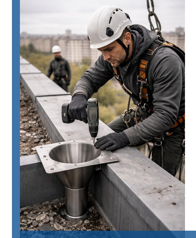 Монтаж водосточных воронок в Апатитах для промышленных зданий