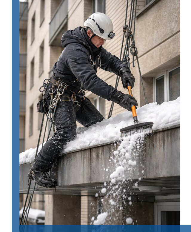 Очистка козырьков от снега в Апатитах круглогодично безопасно