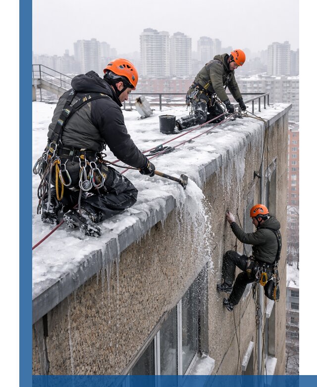 Удаление наледи с кровли в Апатитах промышленными альпинистами