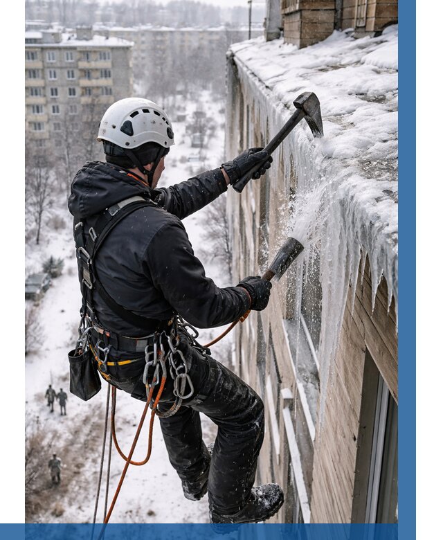 Сбивание сосулек с крыши в Апатитах по цене от 4667 р. | ВЫСОТНИК-Птт