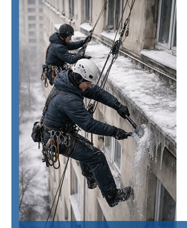 Удаление наледи и сосулек с карнизов в Апатитах профессионально