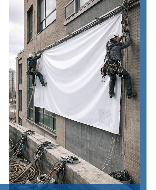 Монтаж баннеров на фасаде в Апатитах от 674 р. заказать ВЫСОТНИК-Птт