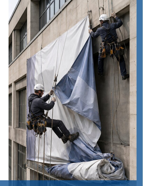 Демонтаж баннеров с фасада в Апатитах от 4667 р. | ВЫСОТНИК-Птт