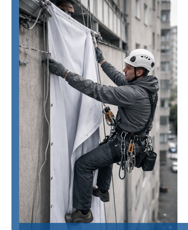Замена баннерного полотна промышленными альпинистами в Апатитах