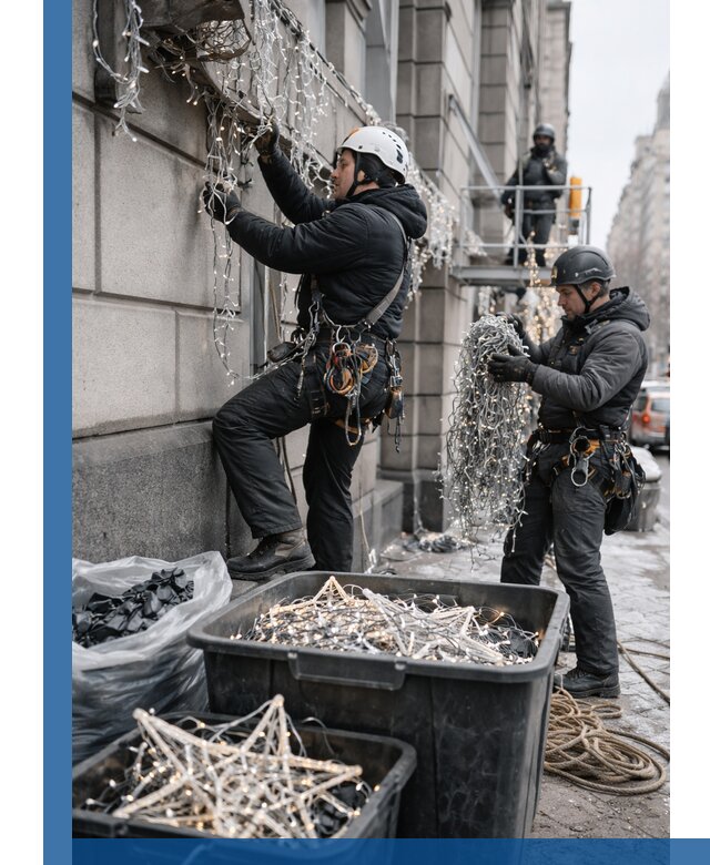 Демонтаж новогоднего оформления и гирлянд в Апатитах