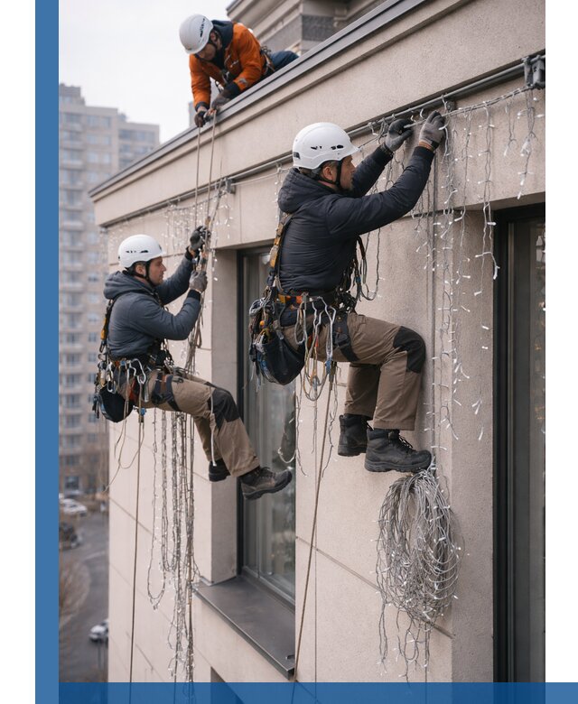 Монтаж праздничных гирлянд на фасаде в Апатитах для зданий