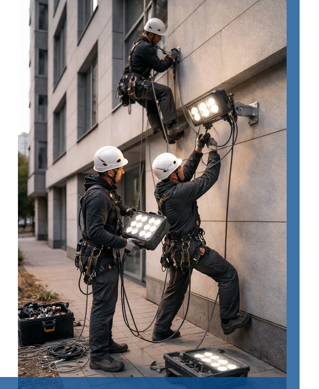 Монтаж прожекторов на фасаде в Апатитах от 7779 р. | ВЫСОТНИК-Птт