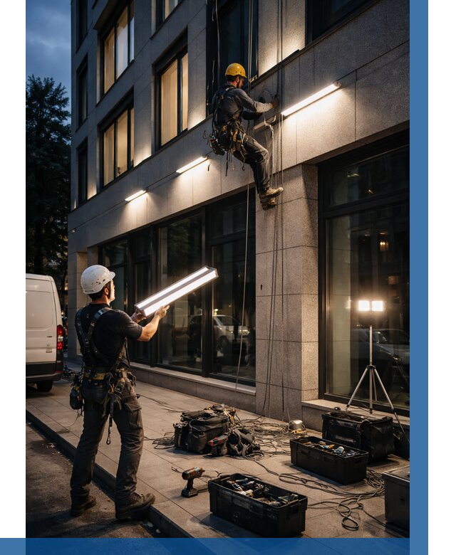 Монтаж архитектурной подсветки здания в Апатитах от 2593 р.|ВЫСОТНИК-Птт