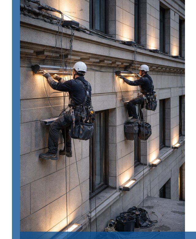 Монтаж архитектурной подсветки фасадов зданий в Апатитах