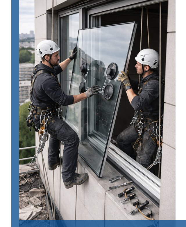 Замена стеклопакетов на высоте с промышленными альпинистами в Апатитах