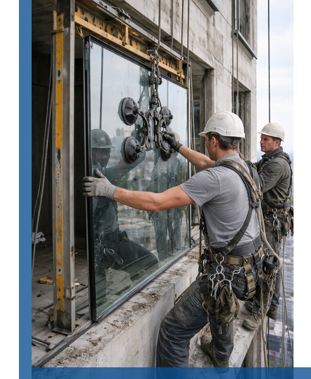 Монтаж стеклопакетов на высоте в Апатитах с промышленным альпинизмом