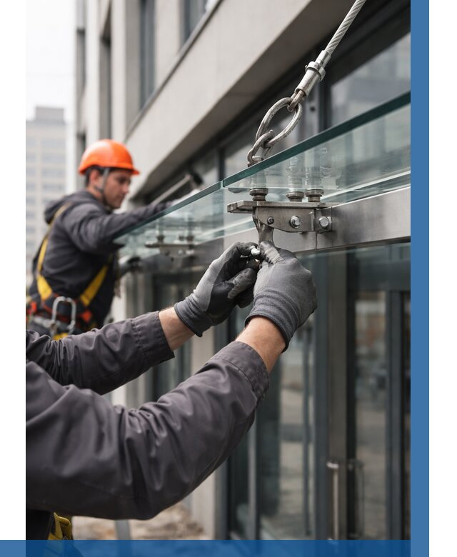 Монтаж стеклянных козырьков в Апатитах от 8816 р. | ВЫСОТНИК-Птт