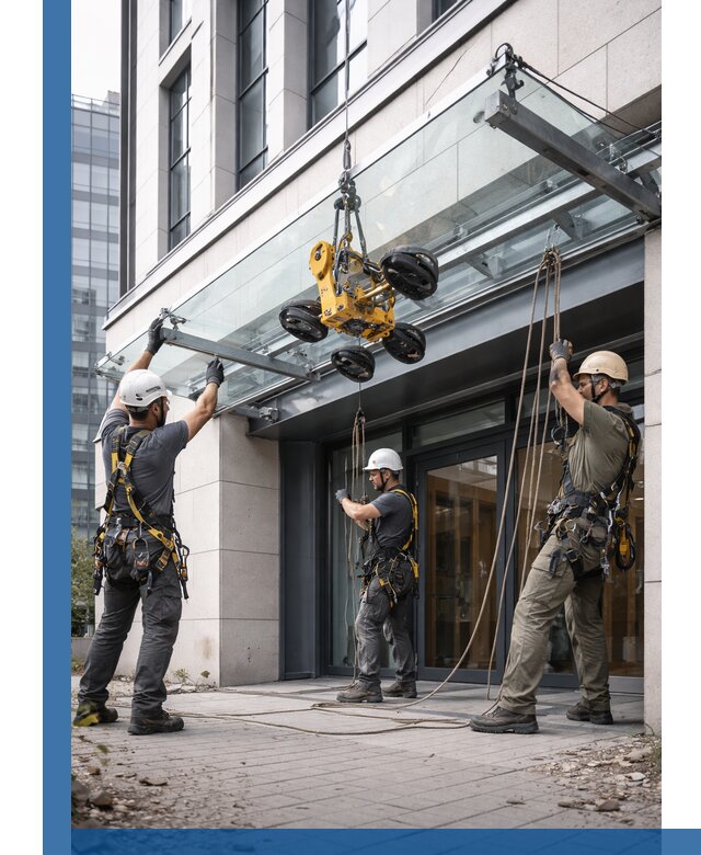 Монтаж стеклянных козырьков под ключ в Апатитах для зданий