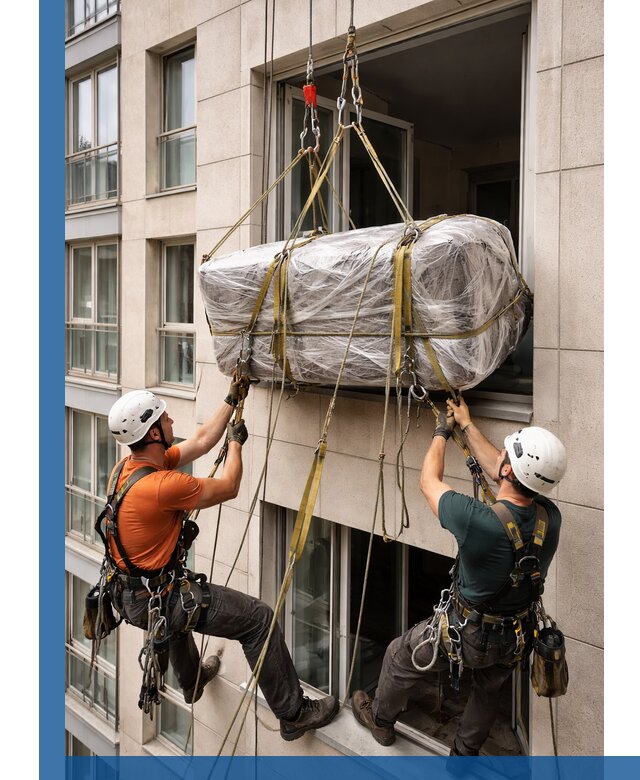 Подъем грузов через окно в Апатитах промышленными альпинистами