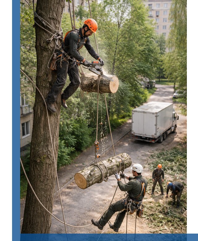 Спил деревьев альпинистами в Апатитах, безопасно и без повреждений